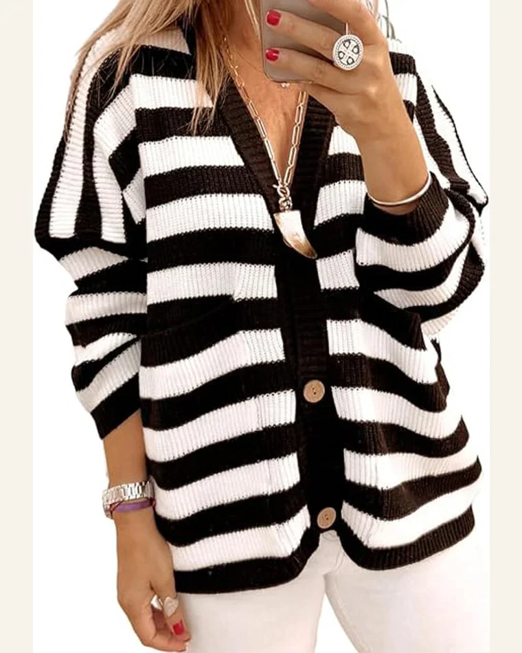 Casual Cardigan Sweater Black Textured Knit Buttoned Drop by SELINK
