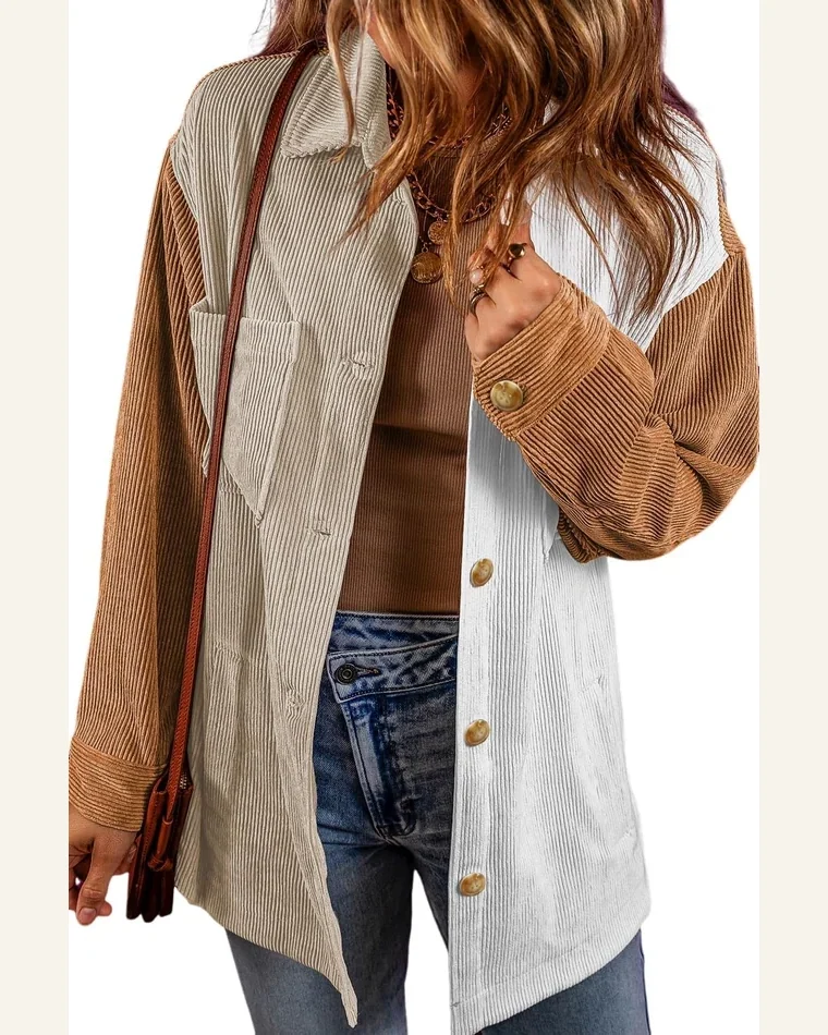 Shacket Jacket Casual Multicolour Corduroy Colorblock Loose Shacket by SELINK