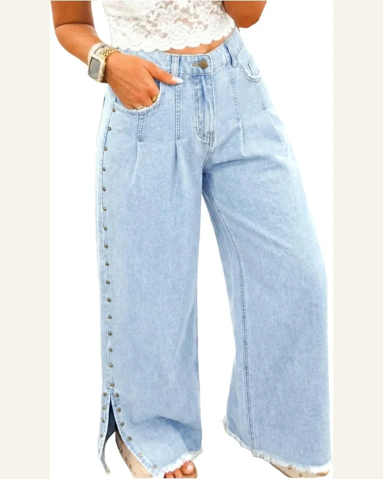 Casual Beau Blue Studded Side Slit Leg Frayed Jeans by SELINK