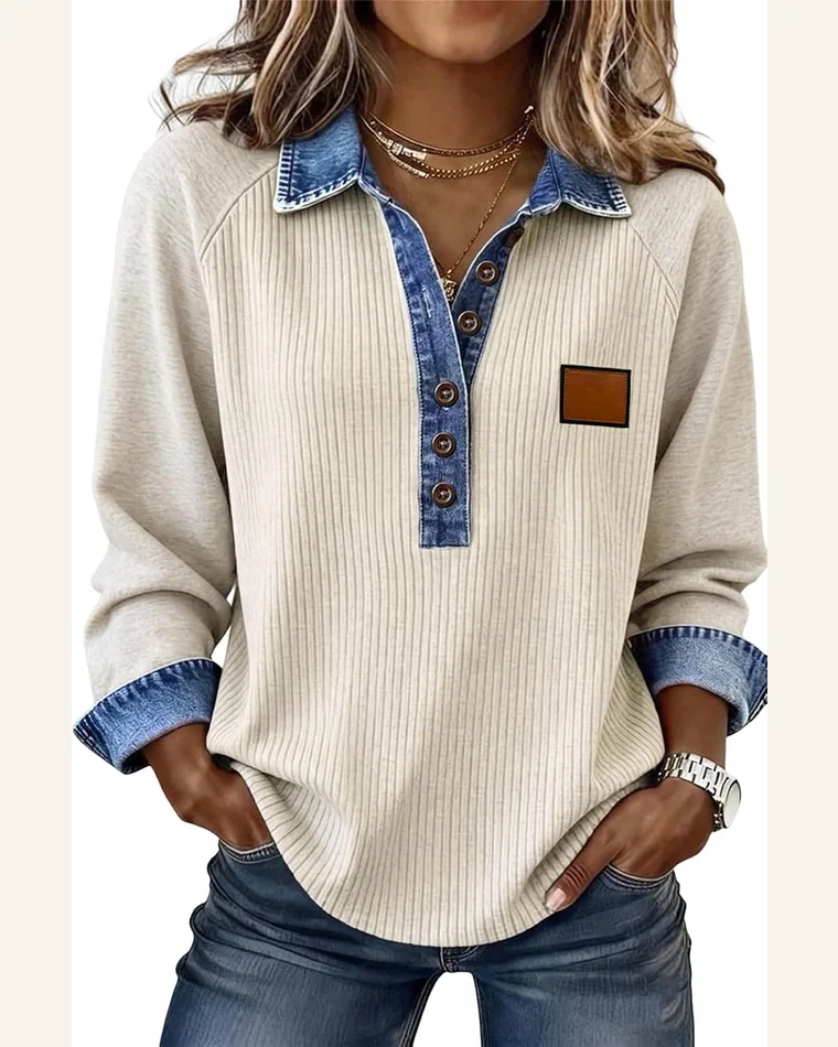 Ribbed Denim Collar Long Sleeve Button Tunic Top by SELINK
