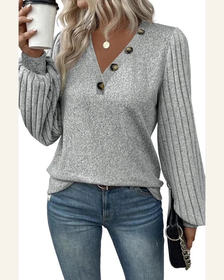 Tunic Tops Casual Light Grey Buttoned V Neck by SELINK