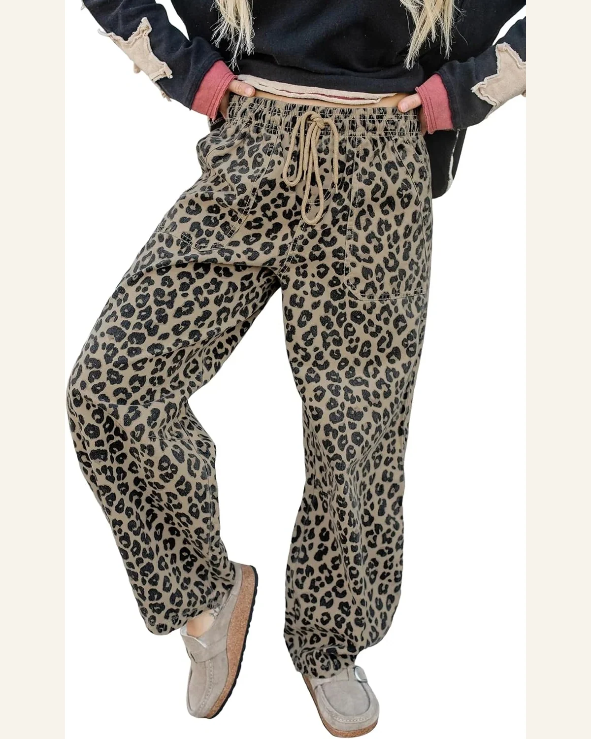 Casual Khaki Leopard Print Drawstring Loose Denim Pants by SELINK