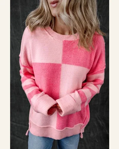 Casual Pink Checkered Colorblock Striped Loose Pullover Sweater, view 3