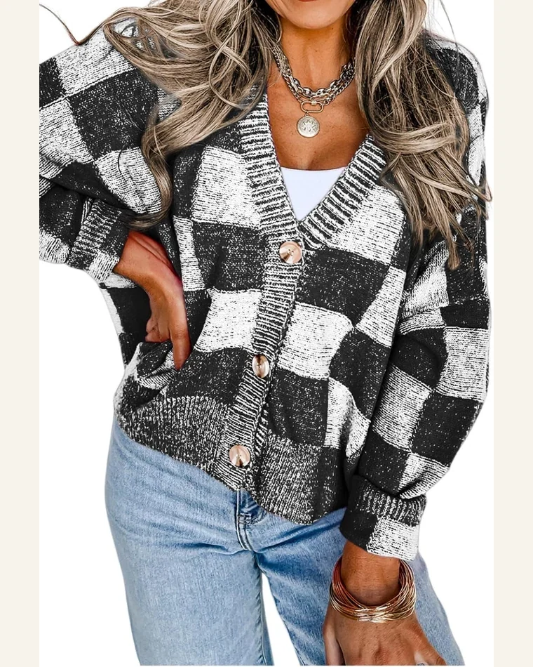 Cardigan Sweater Casual Checkered Drop Shoulder Buttoned by SELINK