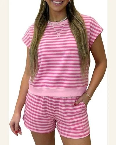 Striped 2 Piece Summer Outfit Cap Sleeve Pockets Set, view 1