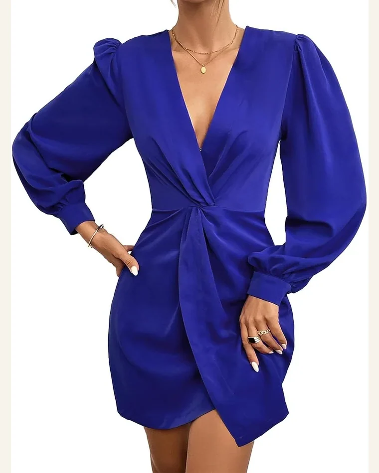 V Neck Lantern Sleeve Ruched Bodycon Slit Wrap Dress by SELINK
