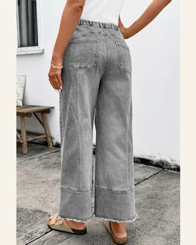 Wide Leg Jeans High Waisted Seam Drawstring Raw, view 2