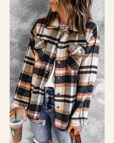 Shacket Jacket Casual Geometric Plaid Print Pocketed Shacket, view 4