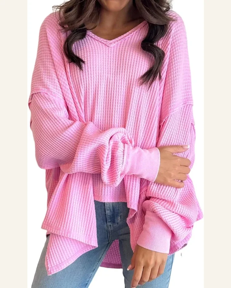 Tunic Tops Casual Bonbon Waffle Knit Exposed Seam by SELINK