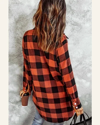 Shacket Jacket Casual Fiery Red Turn-down Collar Plaid, view 4