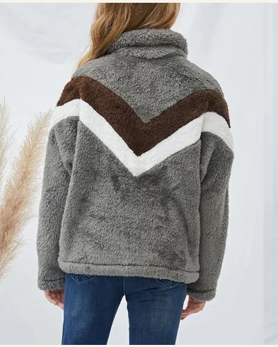 Girls Fuzzy Fleece Pullover Stripe Color Block Half, view 2