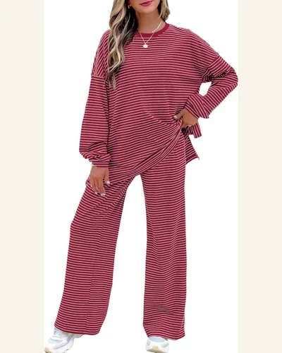 Striped Long Sleeve Tops Wide Leg Pants Comfy, view 4