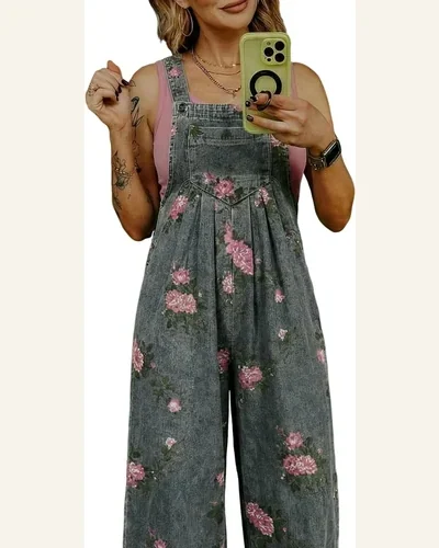 Floral Print Pleated High Waist Wide Leg Overalls, view 1