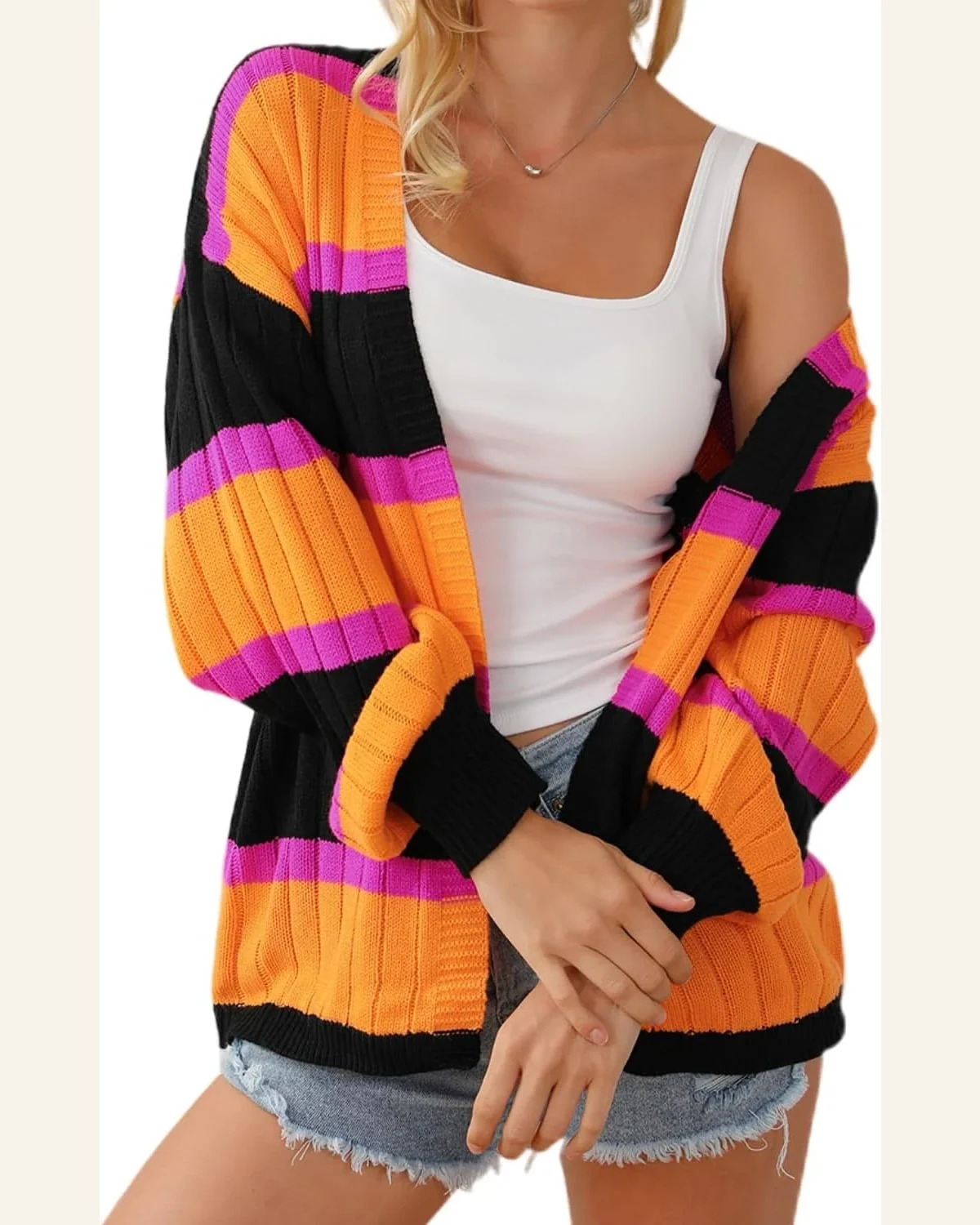 Cardigan Sweater Casual Black Striped Colorblock Drop Shoulder by SELINK