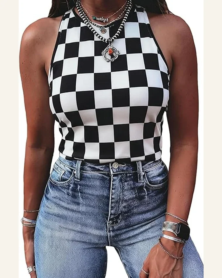 Checkerboard Printed Slim Fit Summer Tank Tops by SELINK