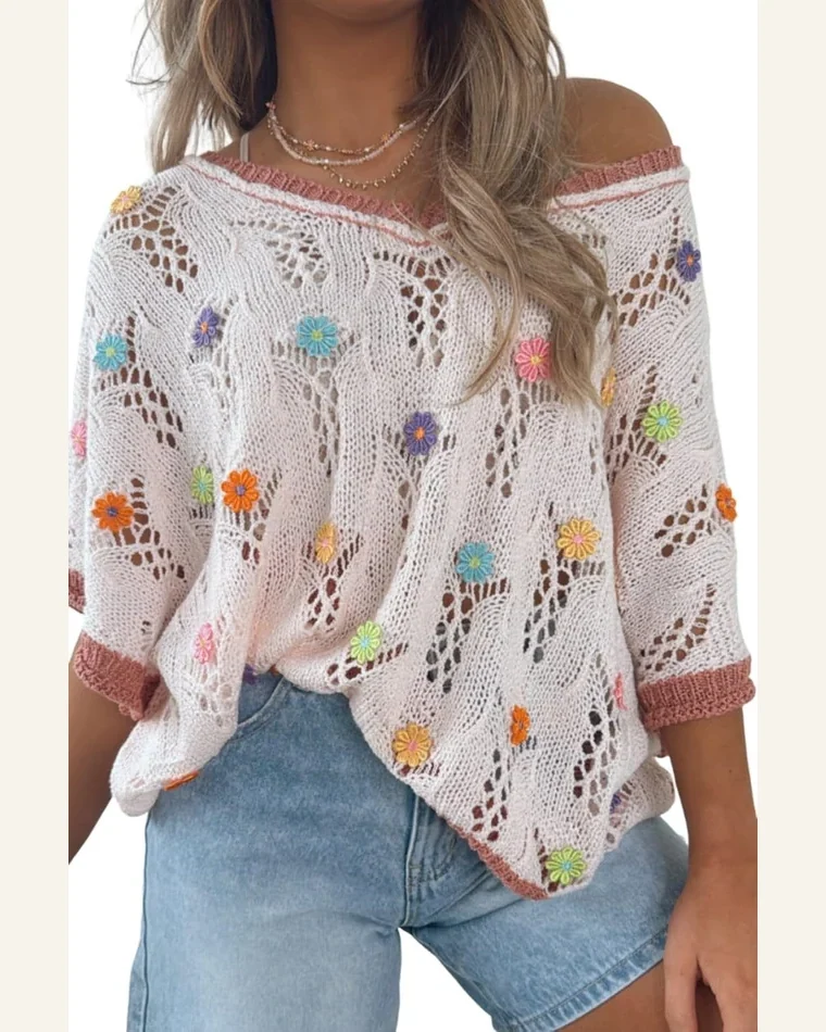 Casual Delicacy Embroidered Flowers Pullover Sweater Tops Colorblock by SELINK