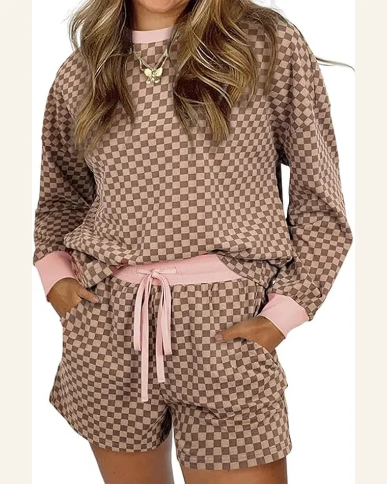 Casual Checkerboard 2 Piece Outfits Long Sleeve Pullover by SELINK