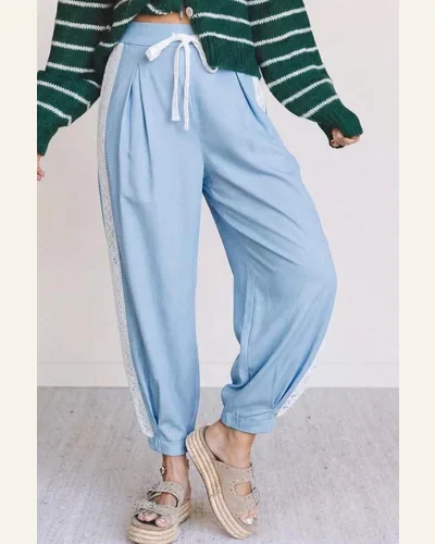 Floral Patch Wide Leg Pants Casual Lace Accent, view 3