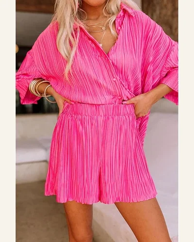2 Piece Outfits Casual 3/4 Sleeves Pleated Button Set, view 3
