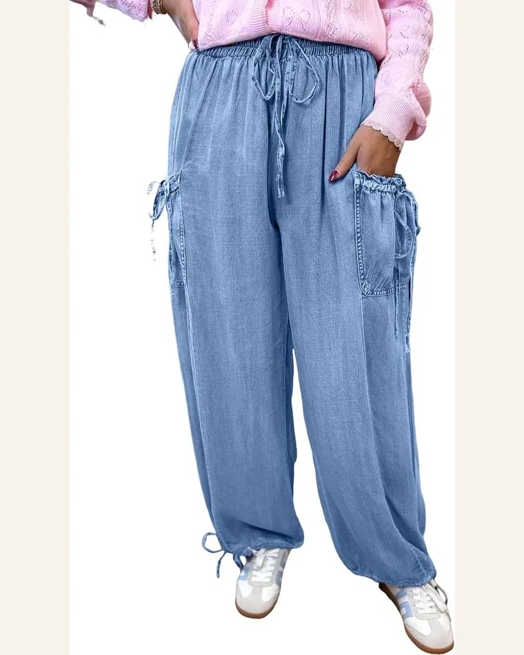 Casual Beau Blue Drawstring Elastic Waist Loose Denim Jeans by SELINK