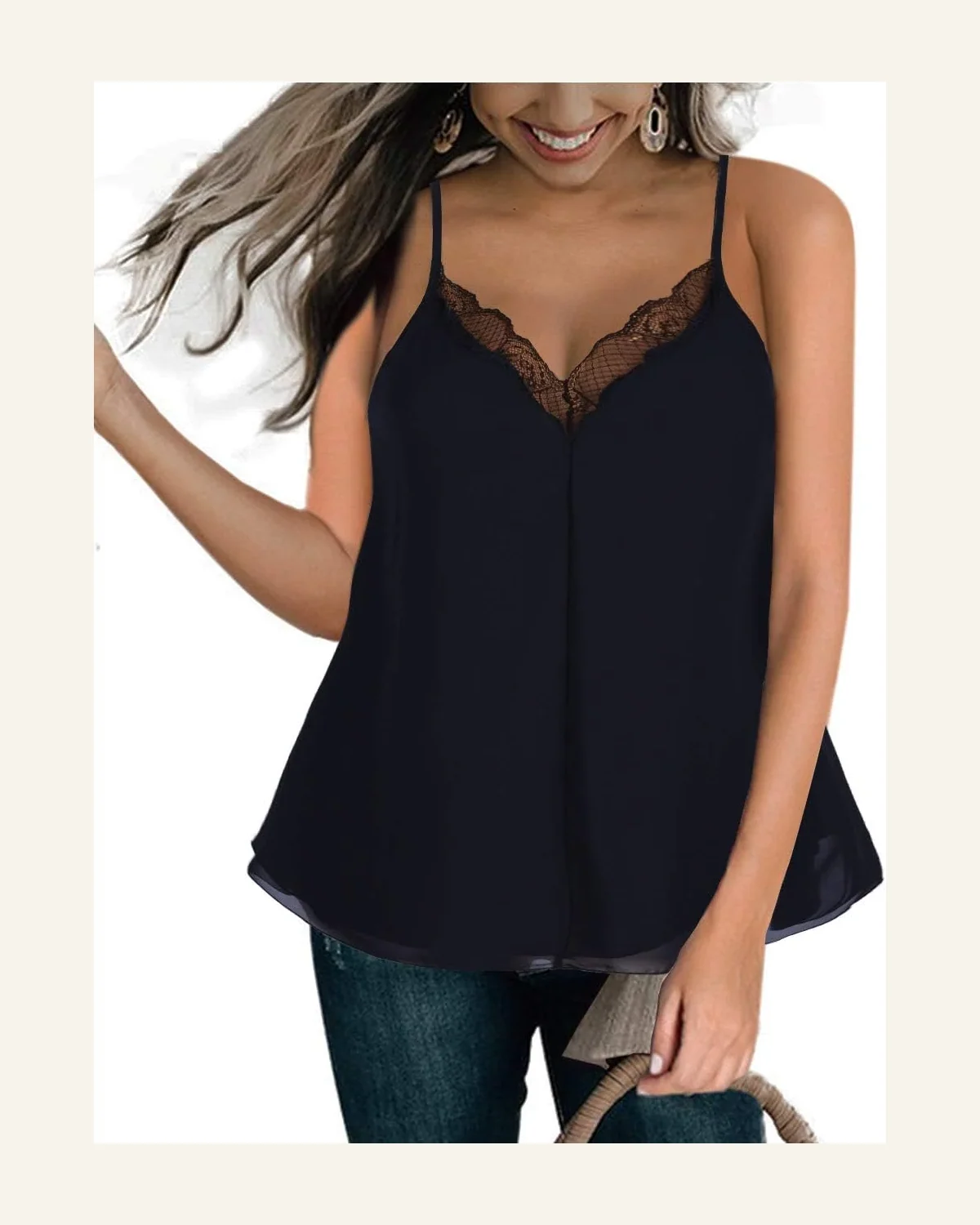 Spaghetti Strap Lace V Neck Tank Tops Chiffon by SELINK