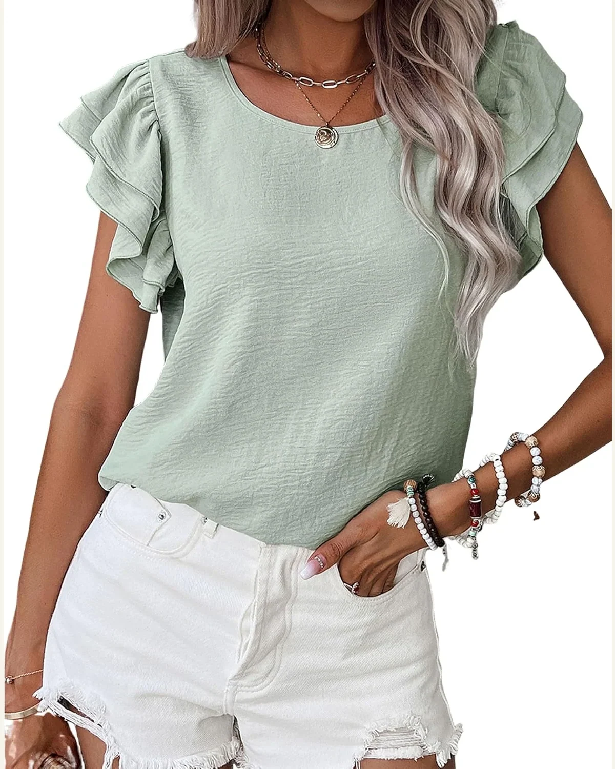 Dressy Casual Shirts Ruffle Short Sleeve Crewneck Blouse by SELINK