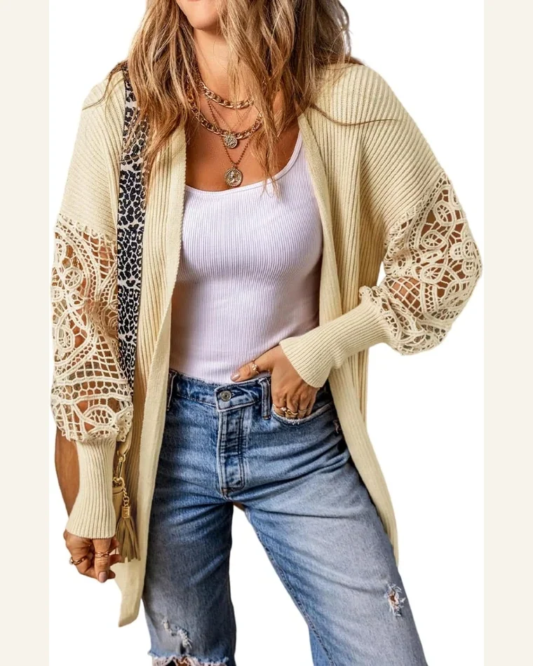 Cardigan Sweater Casual Apricot Crochet Lace Sleeve Ribbed by SELINK