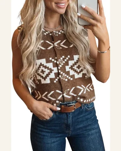 Western Print Tank Tops Brown Southwestern Aztec Button, view 1