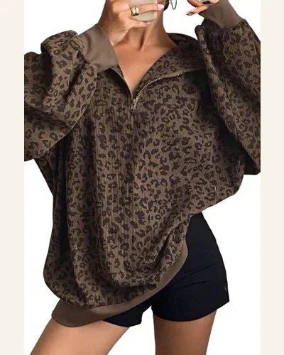 Casual Brown Leopard Print Sweatshirts Quarter Zip Corduroy, view 1