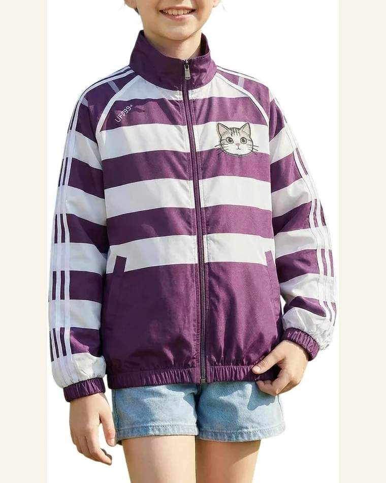Girls Lightweight Windbreaker Jacket with Cat Embroidery Striped by SELINK