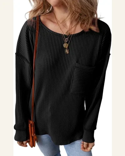 Tunic Tops Casual Black Solid Color Corded Drop, view 1