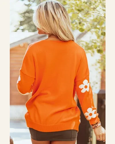 Cardigan Sweater Casual Orange Floral Print Knitted Open, view 2