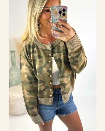 Camo Knit Cardigan Button Down Long Sleeve Sweater, view 4