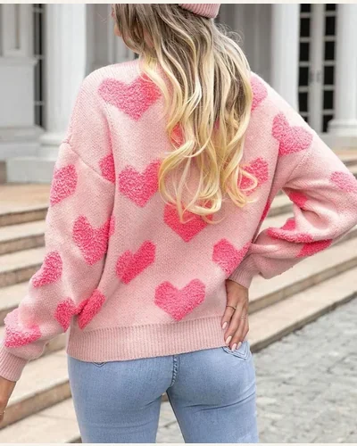 Fuzzy Heart Sweater Crew Neck Pearl Drop Shoulder, view 2