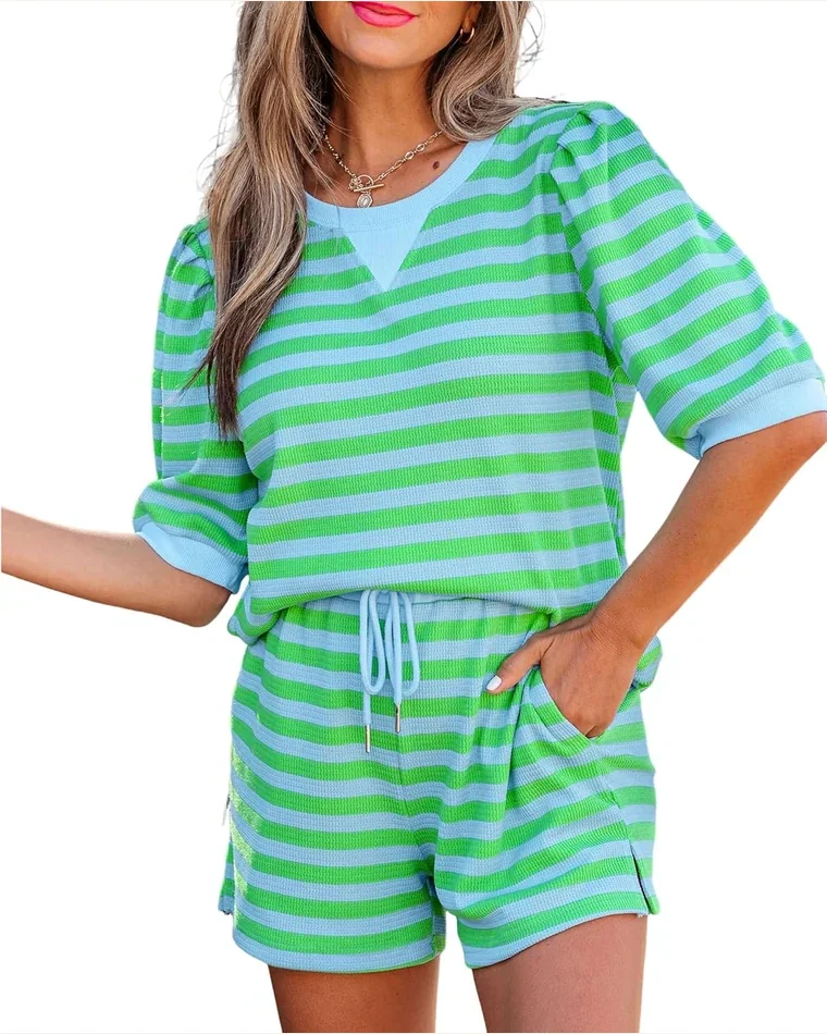 2 Piece Striped Shorts Set Casual Loose Puff by SELINK