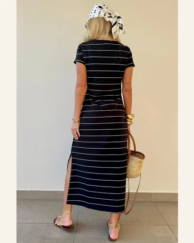 Casual Loose Black Stripe Side Slit Maxi Top, view 2