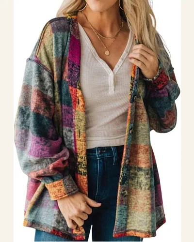 Shacket Jacket Casual Multicolor Brushed Checked Western Buttoned, view 1