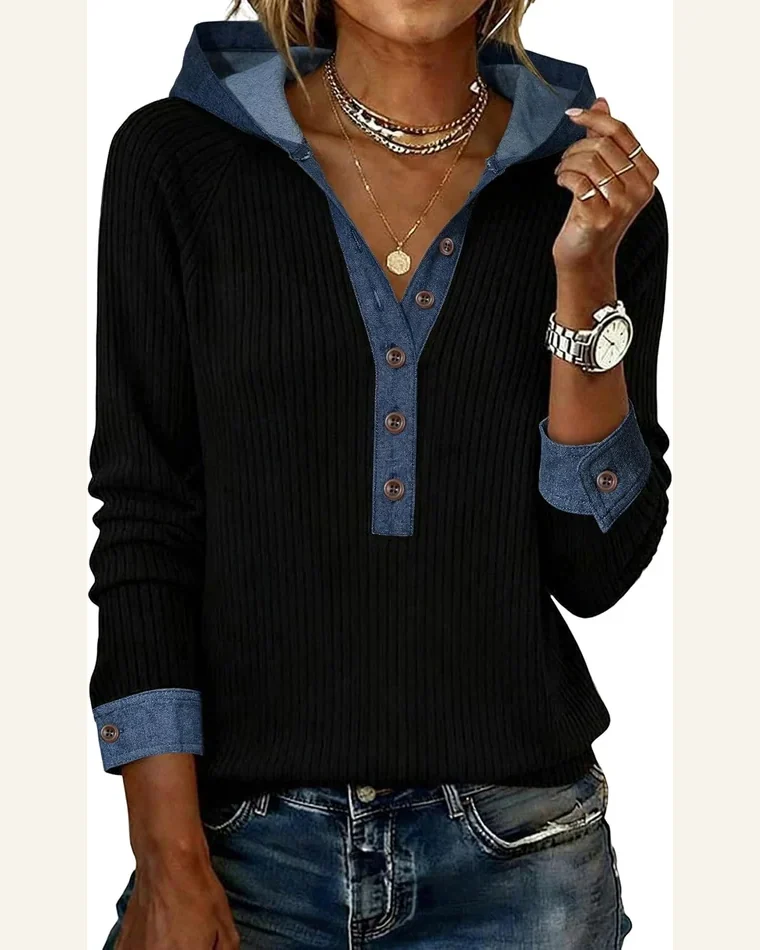 Textured Knit Patchwork Long Sleeve Tunic Top by SELINK