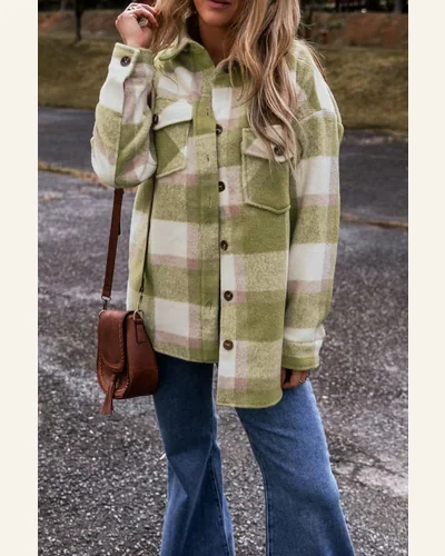 Shacket Jacket Casual Sage Green Plaid Print Buttoned, view 3