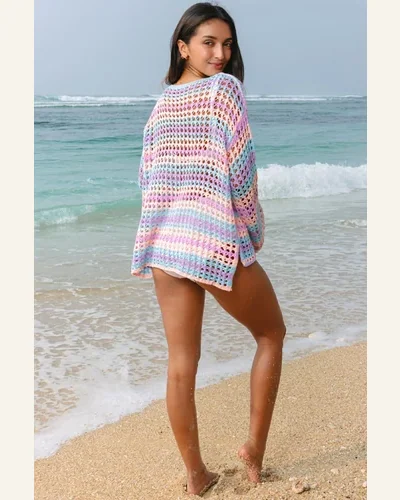 Cover Up Casual Purple Multi Stripe Open Knit Swimsuit, view 2