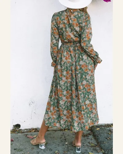 Fall Dresses Elegant Green Pleated Long Sleeve Maxi, view 2