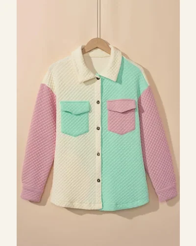 Shacket Jacket Casual Green Color Block Patchwork Flap, view 3