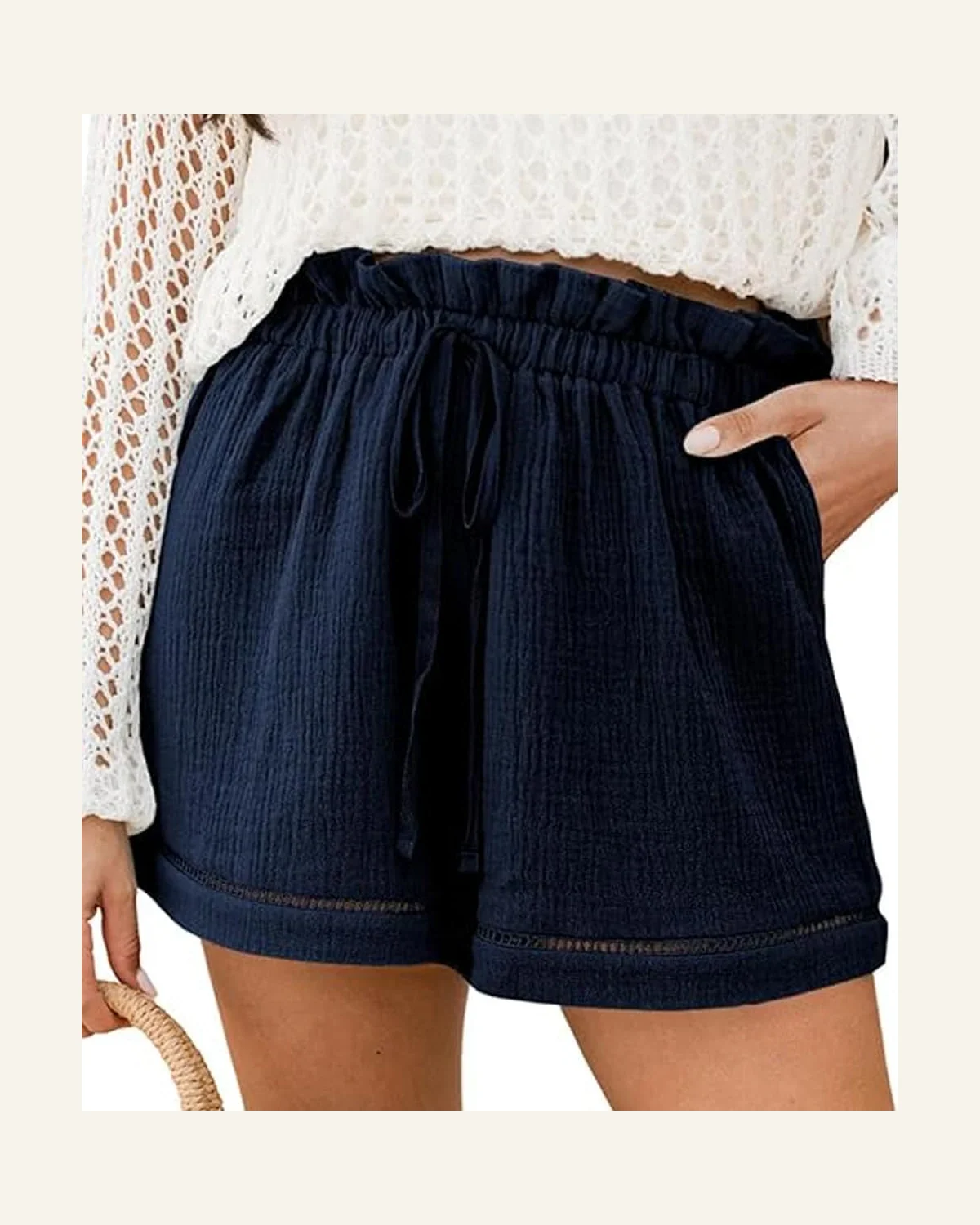 Casual Blue Cotton Gauze Paperbag Shorts Knot High by SELINK