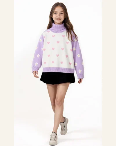 Girls Turtleneck Sweaters Heart Pattern Long Sleeve Knitted, view 3