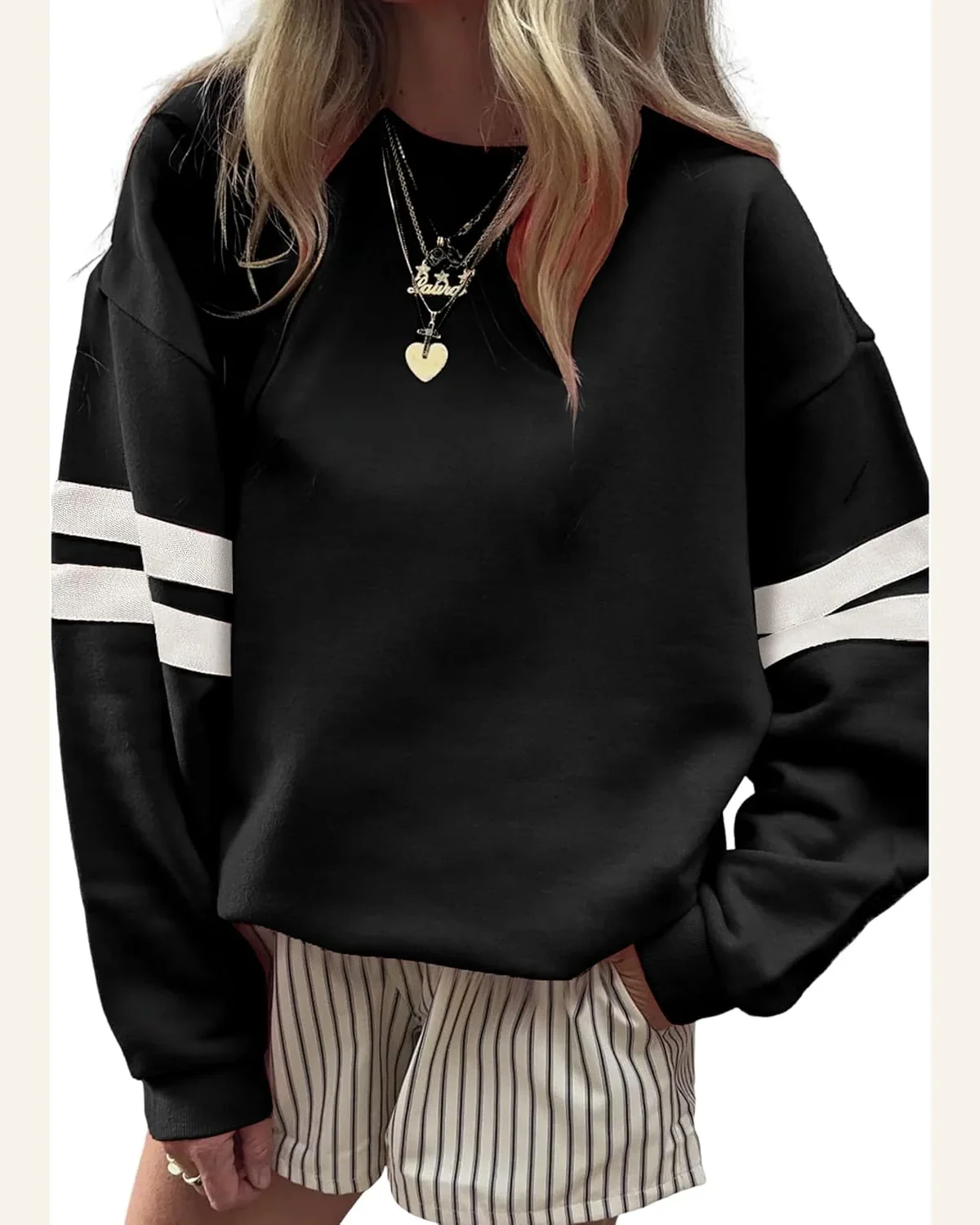 Varsity Striped Oversized Sweatshirt Crewneck Pullover Tops by SELINK