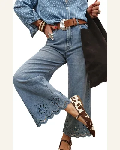 Casual High Waisted Jeans Embroidered Cropped Wide Leg, view 1