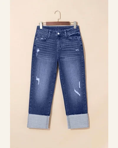 Western Real Teal Folded Cuffs Distressed Jeans, view 3