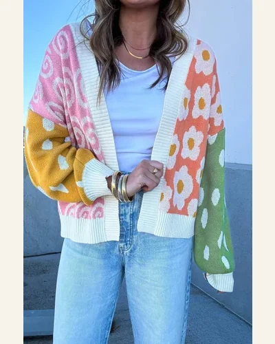Cardigan Sweater Casual Orange Flower & Dotted Mixed, view 4