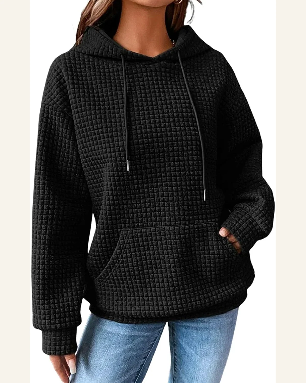 Hoodies Casual Pullover Waffle Long Sleeve Drawstring Hooded by SELINK