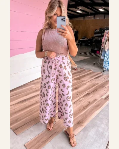 Casual Pink Leopard Print Pants Drawstring Elastic Waist, view 3